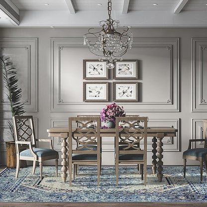 Easy-Going Area Rug 6x9 Washable Boho Rugs for Living Room Non-Slip Bedroom Rug Low Pile Lightweight Medallion Distressed Throw Rug for Dining Room Kitchen Home Office Carpet, Vintage Blue Cream