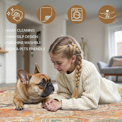 Bavni Kitchen Rug 2x5 Runner Rugs for Hallways Entryway, Washable Vintage Print Carpet, Ultra-Thin Chenille Low Pile Lightweight Rug with Non Slip Backing, Retro Multi