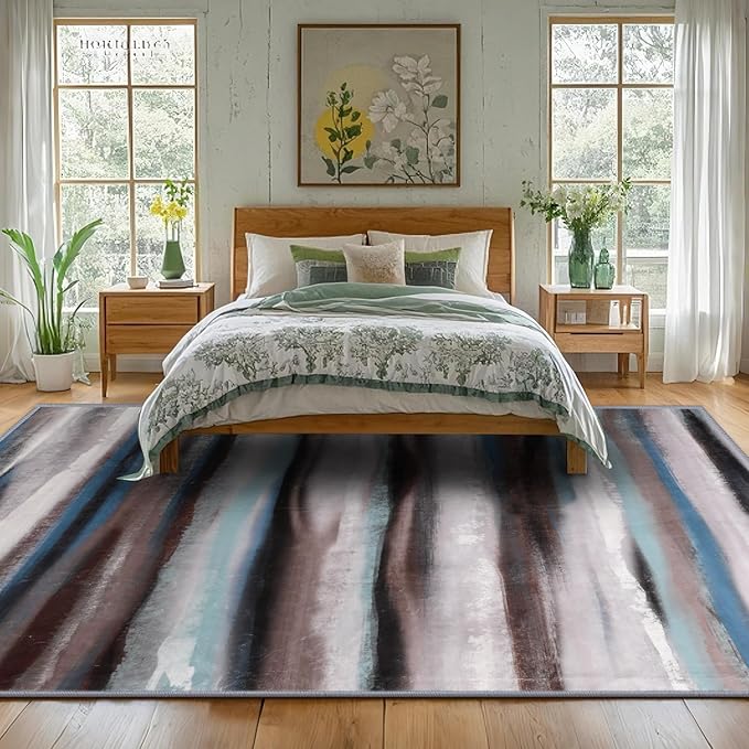 Abstract 8x10 Area Rug, Modern Stripe Rugs for Living Room, Washable Soft Large Non-Slip Floor Carpet for Dining Room Office Bedroom Farmhouse Decor - Blue/Brown/Multi