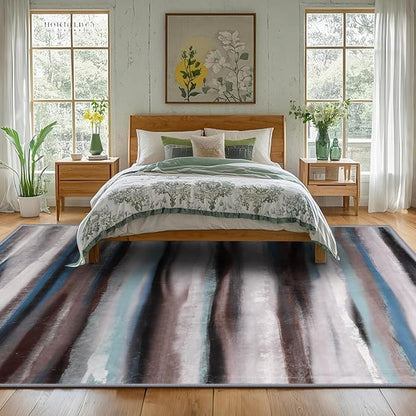 4x6 Abstract Rug for Entryway, Modern Stripe Washable Indoor Entry Way Area Rugs, Soft Non-Slip Door Mat Floor Carpet for Dining Room Kitchen Bedroom - Blue/Brown/Multi