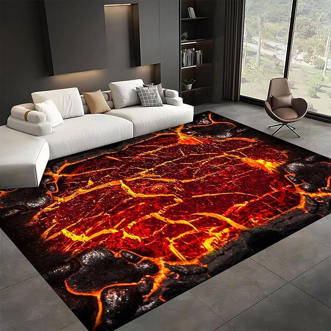 Visual Illusion Lava Area Rug, 5x6ft, 3D Red Flame Volcanic Rock Carpet for Living Room, Fade Resistant Absorbent Floor Mat, No Crease Foldable Soft Low Pile Rugs for Bedside Hallway