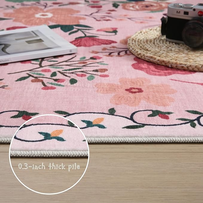 Rugcomf Living Room Rug 6x9 Machine Washable Boho Area Rug Non Slip Floral Vintage Low Pile Large Carpet for Bedroom, Farmhouse, Dining Room, Kids Playroom(Pink)
