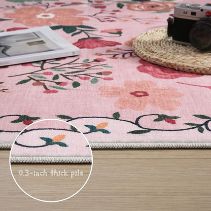 Rugcomf Round Rug 4ft Washable Circle Rug Non Slip Low Pile Boho Floral Small Circular Rug for Bedroom, Bathroom, Entryway, Kids Room, Office, College Dorm(Pink)