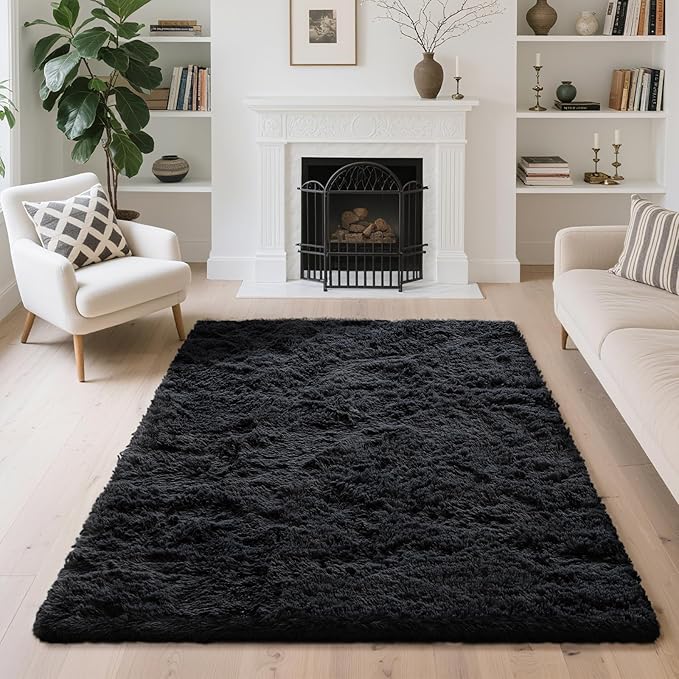 4x6 Area Rugs for Living Room Bedroom,Soft Fluffy Shaggy Bedside Rug, Indoor Floor Carpet for Kids Playroom Playroom, Dorms, Nursery Rooms, Home Decor (Black 4'x6')