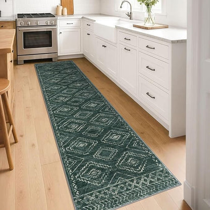KILOCOCO Hallway Runner Rug 2'x8' Runners for Hallways Washable Runner Rug Non Slip Laundry Room Rug Low-Pile Rug Runner for Bedroom Kitchen Living Room Boho Rug, Green
