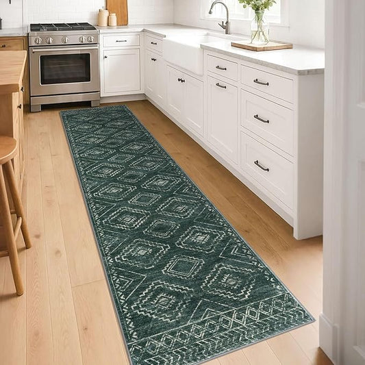 KILOCOCO Hallway Runner Rug 2'x8' Runners for Hallways Washable Runner Rug Non Slip Laundry Room Rug Low-Pile Rug Runner for Bedroom Kitchen Living Room Boho Rug, Green