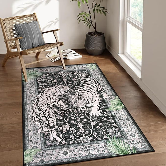 Moynesa Tiger Washable Rugs, 3x5 Entry Area Rugs, Non Slip Vintage Soft Living Room Carpet, Boho Low Pile Stain Resistant Indoor Throw Mat for Kitchen Bedroom Entrance, Black