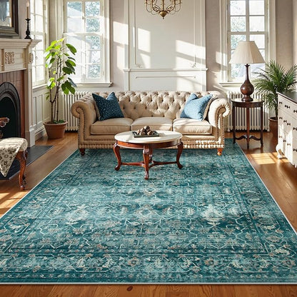 Lahome Vintage 5x7 Washable Blue Rugs for Living Room Bedroom, Soft Dining Room Rugs for Under Table, Non Slip Indoor Throw Carpet for Entryway Kitchen Office (5x7ft,Blue)
