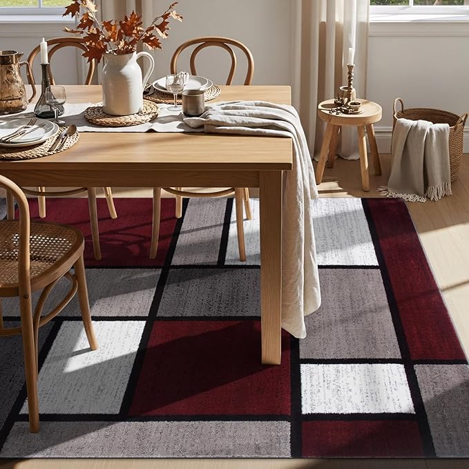 Rugshop Modern Geometric Boxes Red Area Rug, Non-Shedding Carpet for Living Room, Bedroom, or Dining Room, 5'3" x 7'3"