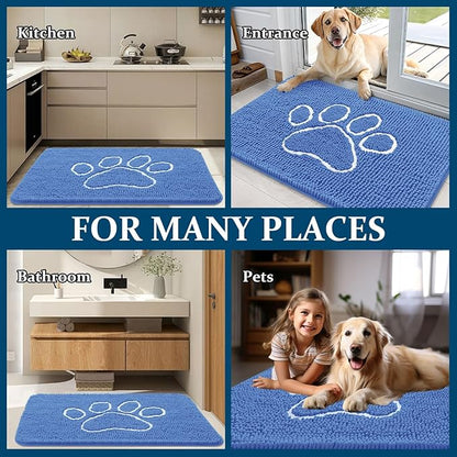 OLANLY Dog Door Mat for Muddy Paws 36x24, Paw Print Design, Absorbs Moisture and Dirt, Absorbent Non-Slip Washable Doormat, Quick Dry Chenille Mud Mat, Entry Indoor Entryway Carpet, Cornflower Blue