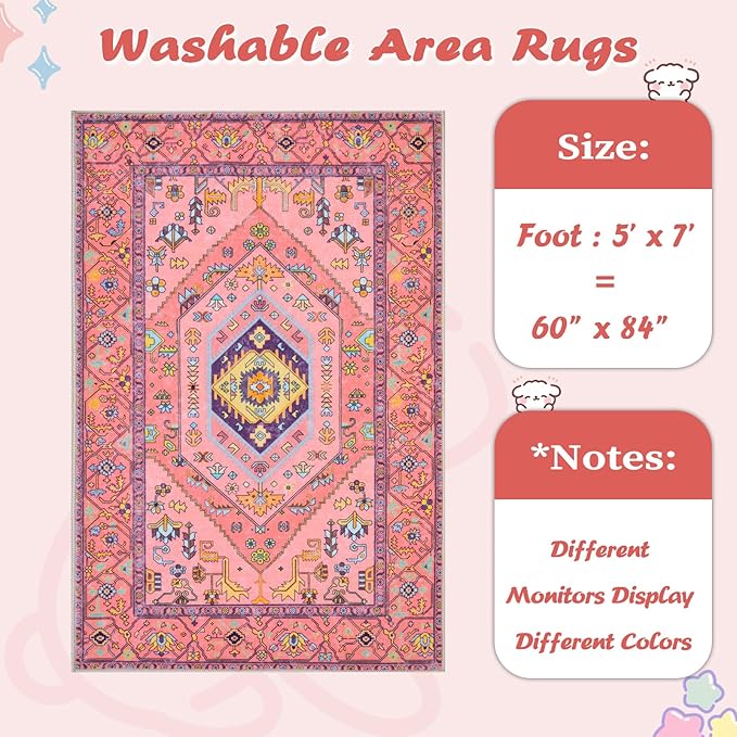 SERISSA Area Rugs 5X7 Nursery Rug for Baby Girl, Washable Non-Slip Boho Rug for Living Room, Ultra Soft Cute Fuchsia Pink Rugs for Bedroom Playroom Kids Room Dining Room Office Dorm Decor