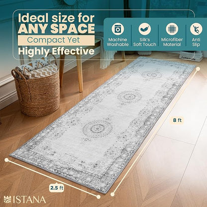Istana Hallway Runner Rug 2.5x8 - Grey/Gold Kitchen Rugs Non Slip Washable -Silk's Soft Touch Carpet Runner - Stylish Rugs for Home