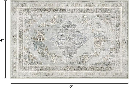 Phantoscope Washable Area Rug 4'x6' Non-Slip, Vintage Neutral Rugs for Living Room, Bedroom, Dining Room, Distressed Boho Medallion Pattern, Low-Pile Foldable Floor Carpet, Silver Grey/Taupe