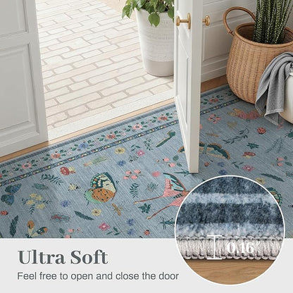 8x10 Area Rugs with Insect Print - Bug Rug Non-Shedding Stain Resistant Soft Carpet for Bedroom, Low Pile Ultra-Thin Machine Washable Carpet for Dining Room, Kids Nursery, Office (8'x10' Blue)