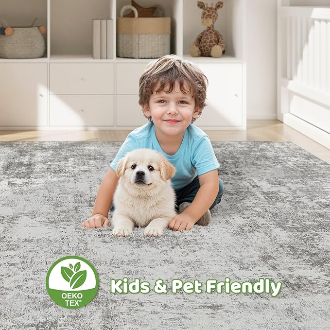 10x14 Area Rugs Living Room: Washable Large Abstract Neutral Modern Soft Rug Stain Resistant Indoor Floor Non-Slip Accent Carpet for Bedroom Nursery Playroom Office Dining Room Home Decor- Greige