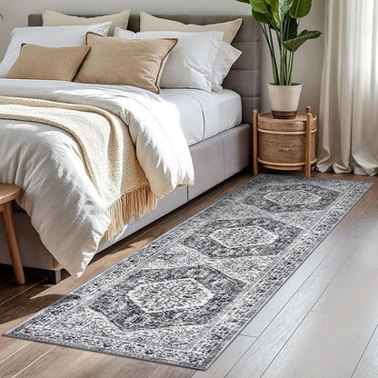 KOZYFLY Runners for Hallways 2x7 Ft Washable Kitchen Runner Rug Boho Runner Rug for Entryway Indoor Printed Faux Wool Floor Carpet Runner for Bedroom Kitchen Hall, Grey