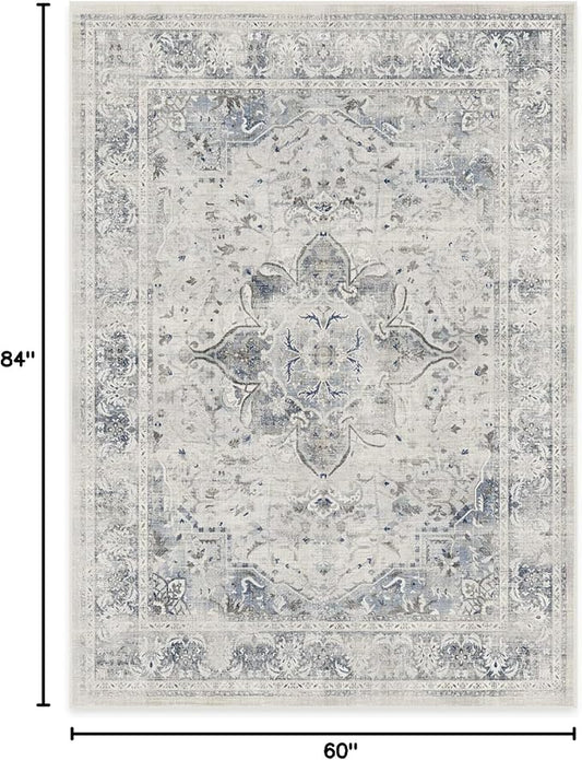 RUGGABLE Washable Vintage Area Rug – Sarrah Blue Quartz 5x7, Stain-Resistant, Non-Slip – Medium Machine Washable Rugs for Living Room, Bedroom, Hallway, Entryway & Office–with Cushioned Pad