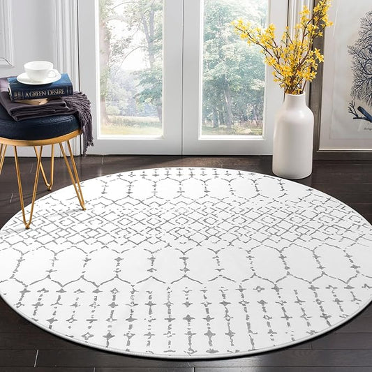 Lahome Moroccan Round Area Rug - 5Ft Machine Washable Soft Round Bedroom Rugs Non-Slip Throw Round Rugs for Living Room, Modern Geometric Print Low-Pile Circle Rugs for Office Dining Room Classroom