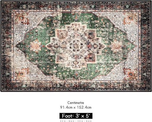 Boho Area Rug 3x5 Green Rug Washable Vintage Rug for Kitchen Living Room Bedroom Bathroom Office Low Pile Non Slip Floor Carpet