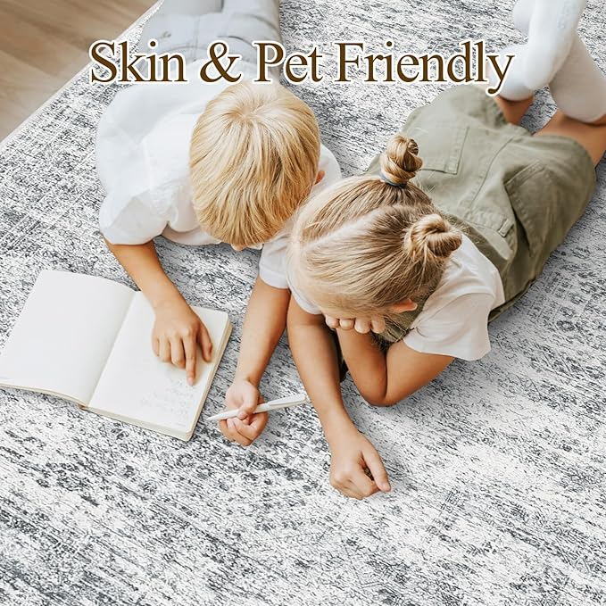 9x12 Area Rugs for Living Room, Non Slip Machine Washable Vintage Rugs, Low Pile Lightweight Large Rug for Bedroom, Dining Room, Home Office Grey