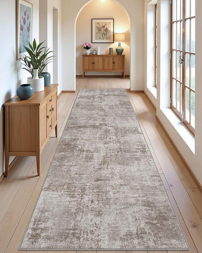 DEXI Hallway Runner Rug 3x12, Modern Abstract Non Slip Thin Soft Runners Carpet, Stain Resistant Washable Indoor Rug for Hallway Entryway Kitchen Laundry Room Living Room, Red Brown