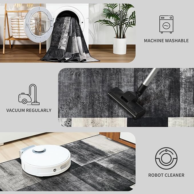 DweIke Washable Area Rugs for Living Room, 5x7 Soft Bedroom Rugs, Geometric Print Non-Slip Modern Rug, Stain Resistant Throw Carpets for Office Nursery Dining Room Home Dorm Decor, Black and White