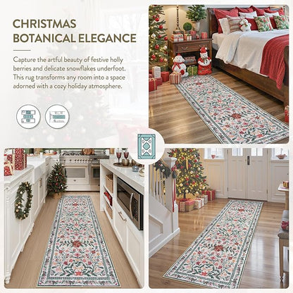 Wonnitar Christmas Runner Rug for Hallway, Christmas Kitchen Decor 2'6"x8' Washable Runner Rug, Non Slip Ultra-Thin Extra Long Holiday Carpet Runners for Bathroom Entryway Winter Decor