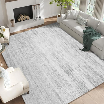 MUJOO 9x12 Area Rug,Washable Rugs for Living Room Bedroom Dining Room,Modern Abstract Large Non Slip Throw Carpet Indoor,Low Pile Accent Neutral Grey
