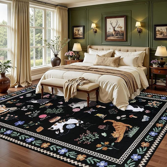 5x7 Area Rugs Living Room Rug: Vintage Washable Rug Floral Soft Carpet Indoor Floor Non-Slip Boho Stain Resistant Large Carpets for Bedroom Kids Nursery Dining Room Farmhouse Home Office Black/C01