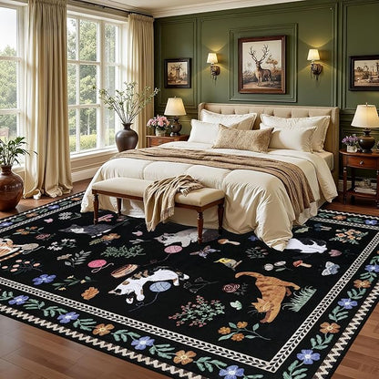 6x9 Area Rugs Living Room Rug: Vintage Washable Rug Floral Soft Carpet Indoor Floor Non-Slip Boho Stain Resistant Large Carpets for Bedroom Kids Nursery Dining Room Farmhouse Home Office Black/C01