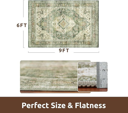 AMOAMI-Area Rug 6X9 Rugs for Living Room-Vintage Soft Green Rugs for Bedroom-Non Slip Carpet-Machine Washable Rug for Dining Room Living Room Bedroom Office Under Table