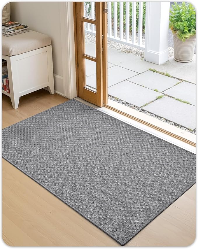 Color&Geometry Thin Front Door Mat Indoor Entrance Non Slip Rubber Backed, 24"x36" Indoor Door Mats for Entryway, Dirt Trapper Doormat, Washable Front Door Rugs, Dark Grey (Rolled-up NO Creases)