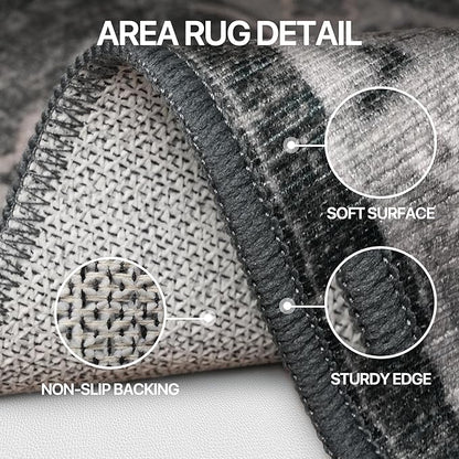 Bavni Vintage 5x7 Area Rugs, Boho Oriental Living Room Rug, Machine Washable Rug Non Slip, Distressed Print Indoor Large Black Rugs, Low Pile Ultra-Thin Soft Carpet for Bedroom, Dining Room, Farmhouse