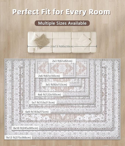 Runner Rug 2x6 Entryway Rug - Machine Washable Vintage Boho Area Rug Non-Slip Kitchen Runner Soft Stain Resistant Runners for Hallways Entryway Laundry Kitchen Bathroom Bedroom(Cream Ivory, 2'x6')