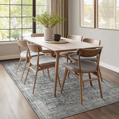 Grey 5x7 Area Rugs for Living Room Bedroom, Washable Non Slip Low Pile Thin Soft Carpet Rugs for Dining Room/Kitchen/Home Office/Nursery, Vintage Neutral Gray with Accents