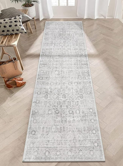 LIVEBOX Washable Runner Rug 2.5x8 - Long Grey Kitchen Rug, Low-Pile Floral Oriental Anti-Skid Carpet Runners for Hallway Bedroom Entryway, Silverygray