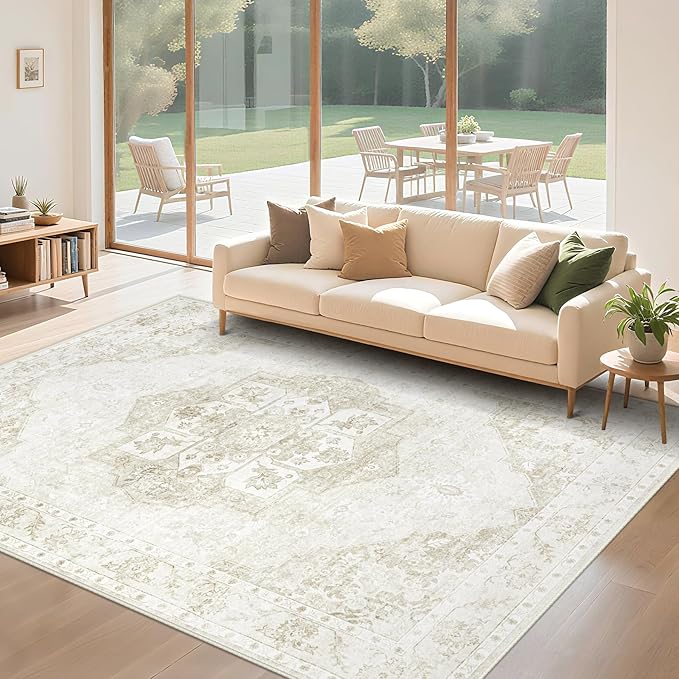 6x9 Area Rugs Washable Rugs for Living Room, Vintage Boho Rug Non-Slip Soft Floral Distressed Rug Low Pile Stain Resistant Carpet for Bedroom Nursery Office Dining Room Farmhouse Dorm(Beige, 6'x9')