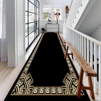 Greek Key Runner Rug for Entryway, 4x10ft, Black Gold Geometric Border Area Rugs for Bedroom, Meander Pattern Fade Resistant Home Decor Carpet, Soft Reduce Noise Entry Mat for Kitchen