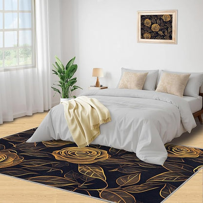 Rose Rugs for Bedroom - 5x8 Area Rug - Black Gold Flowers Rugs for Living Room, European Light Luxury Flowers Rug, Washable Home Decor Carpet