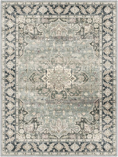9x12 Area Rugs - 9x12 Washable Area Rug Indoor Vintage Rug Print Rug Low-Pile Floor Carpet for Living Room, Bedroom (Olive Charcoal)