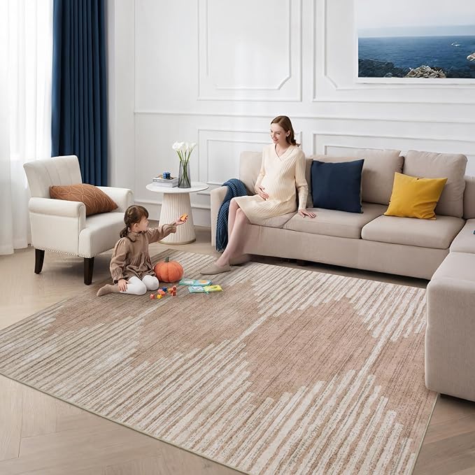 HelloTree Area Rug for Living Room 9x12 Washable Geometric Moroccan Rug Stripe Farmhouse Bohemian Non Slip Non Shedding Ultra Thin Soft Rug for Bedroom Office DiningRoom Nursery-Pink&Khaki