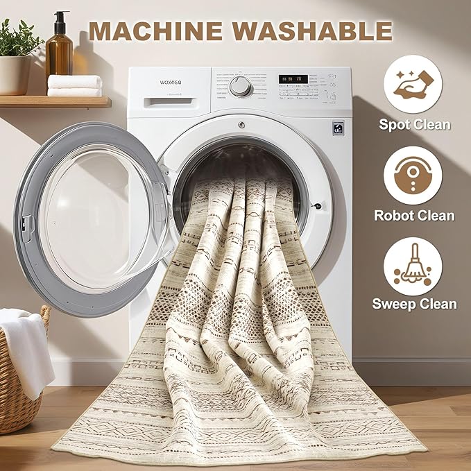 Nakagishi Round Rug Boho Area Rugs: 4x4 Washable Large Circle Neutral Soft Stain Resistant Non-Slip Carpet for Women Aged 25-45 Farmhouse Decor Enthusiasts - Living Room Bedroom Dining Room Nursery