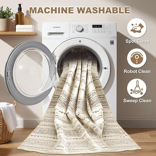 Nakagishi 7x10 Area Rug Living Room: Washable Boho Large Neutral Modern Soft Farmhouse Rugs Stain Resistant Indoor Floor Non-Slip Carpet for Bedroom Nursery Kids Playroom Office Dining Room- Brown