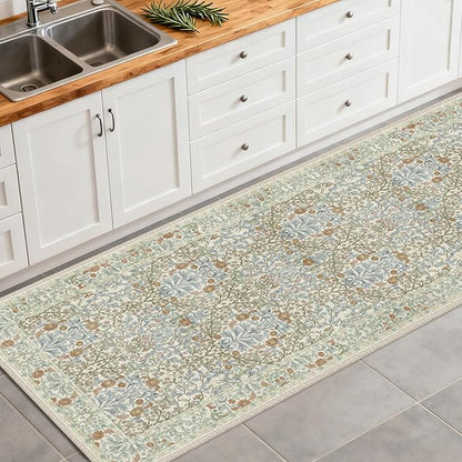 Washable 2'6" x 8' Runners for Hallways, Non Slip Long Floor Runner for Kitchen, Entryway Indoor, Stain Resistant Rubber Backing Floral Décor Rug (Beige Blue)
