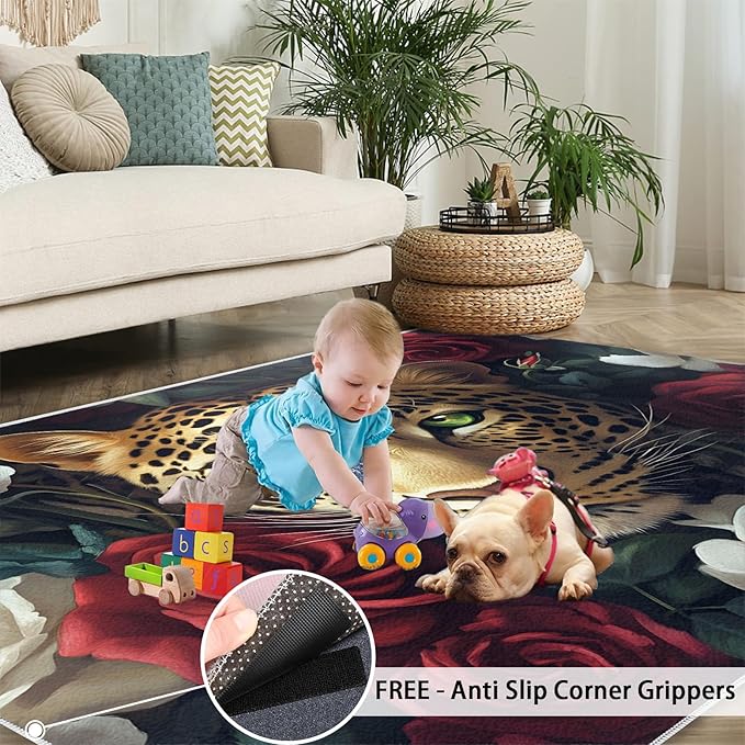 Leopard Rugs for Bedroom - 6x9 Area Rug - Flowers Leopard Rugs for Living Room, 3D Flowers Animal Rug, Washable Home Decor Carpet