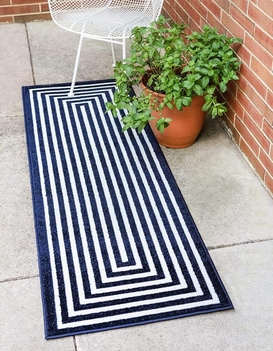 Unique Loom Sabrina Soto Outdoor Collection Geometric, Modern, Vibrant, Carved Area Rug (2' 0 x 8' 0 Runner, Navy Blue/ Ivory)