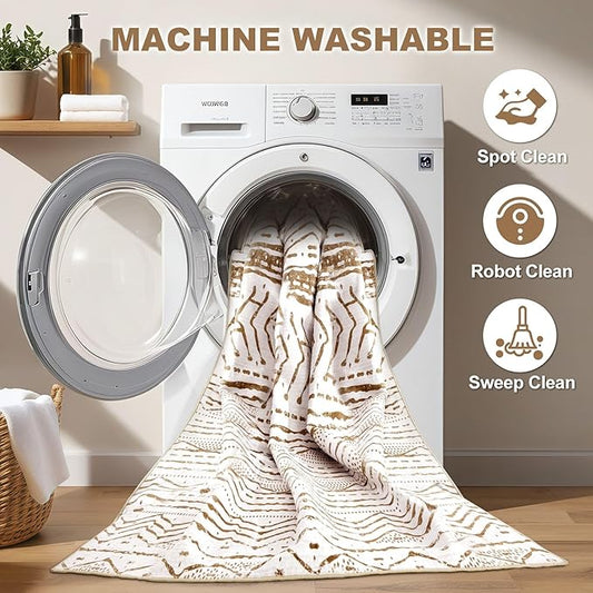 Nakagishi 7x9 Area Rugs Living Room: Washable Boho Large Neutral Soft Farmhouse Rug Stain Resistant Modern Indoor Floor Non-Slip Carpet for Bedroom Nursery Playroom Office Dining Dorm- White Brown
