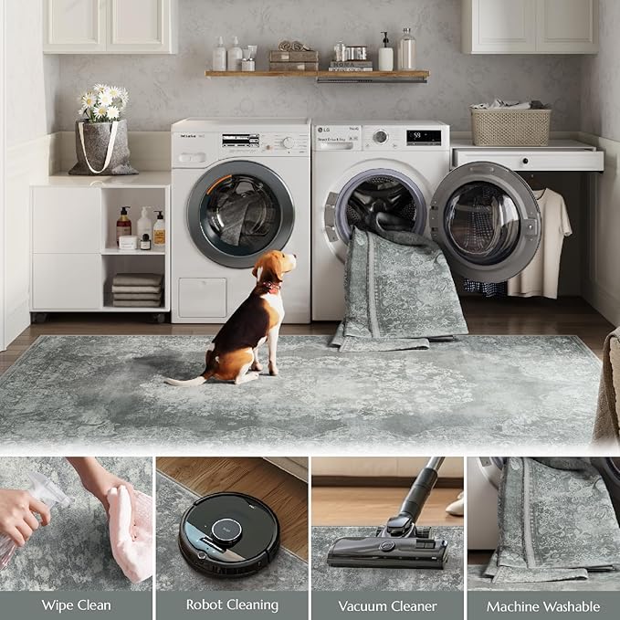 jinchan Vintage Floral 5x7 Area Rugs - Machine Washable Distressed Design Soft Ultra-Thin Low-Pile Non-Slip Carpet for Kitchen Bedroom Nursery Living Room Dining Room Home Office (5x7ft, Grey)