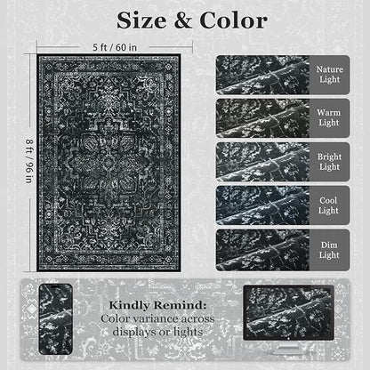 Vintage Dark Area Rugs 5x8, Non Slip Washable Rug for Living Room Bedroom, Medallion Distressed Printed Low Pile Thin Carpet Rugs for Dining Room/Kitchen/Home Office, Black and White