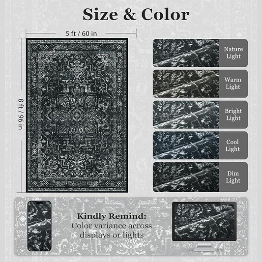 Vintage Dark Area Rugs 5x8, Non Slip Washable Rug for Living Room Bedroom, Medallion Distressed Printed Low Pile Thin Carpet Rugs for Dining Room/Kitchen/Home Office, Black and White
